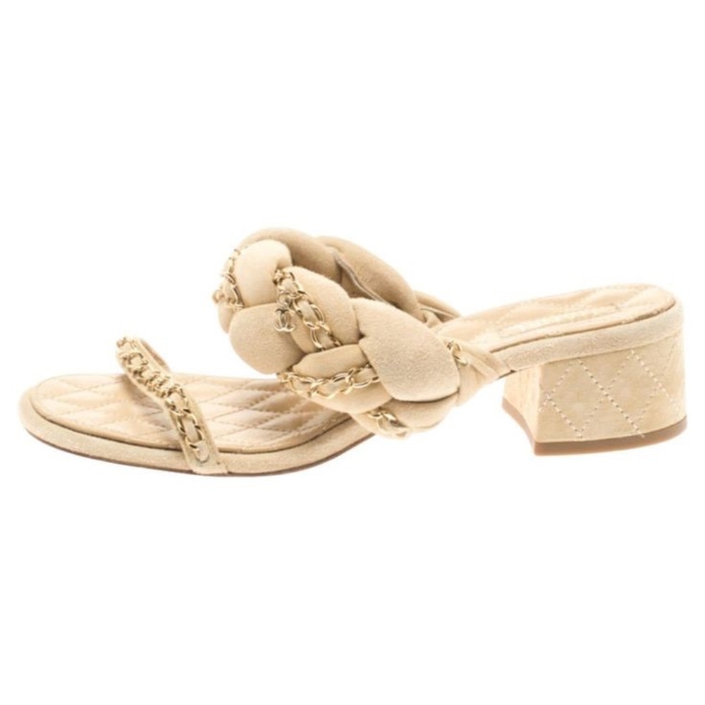 Chanel Beige Suede Chain Embellished Flat Slide Sandals Size 38
